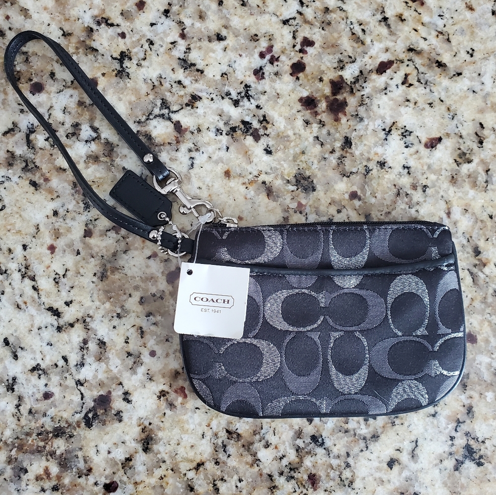 COACH Black & Metallic Silver "C" Corner Zip Wristlet